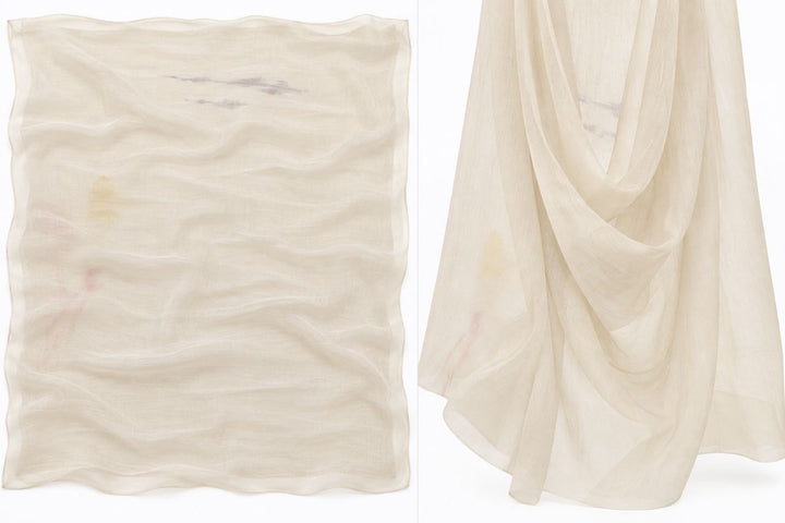 Creme silke chiffon – fladt og draperet, med misfarvning i dele af stoffet (billede 2 og 3 af 3)