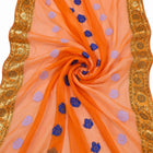 ORANGE LUREX CHIFFONSILK MED BLÅ OG LYSLILLA BLOMSTERMOTIVER OG GULDBORTER