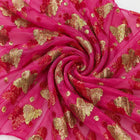 FUCHSIA LUREX CHIFFONSILK MED GYLDNE OG BORDEAUXRØDE SOMMERFUGLEMOTIVER