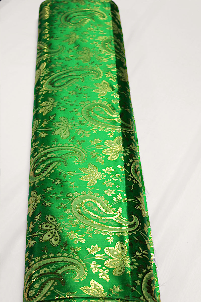 GRØNT SATIN JACQUARD STOF MED BLADE