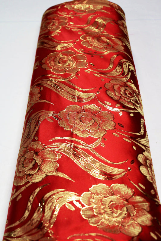 RØD SATIN JACQUARD STOF MED BLOMSTER