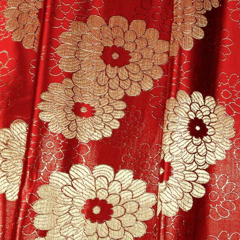 RØD SATIN JACQUARD STOF MED MORGENFRUER