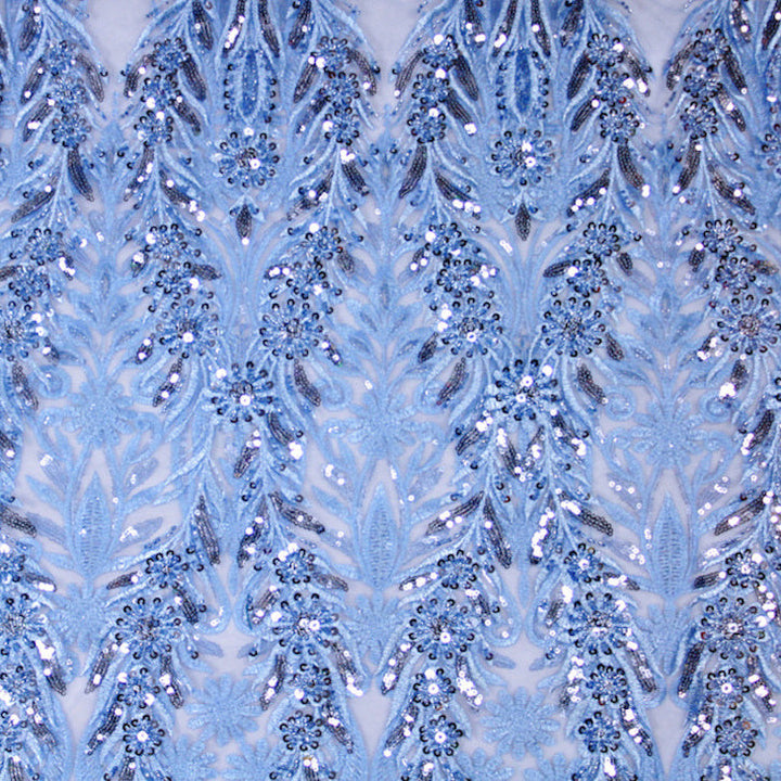 BLÅT TYL STOF MED PAILLETTER OG PERLER