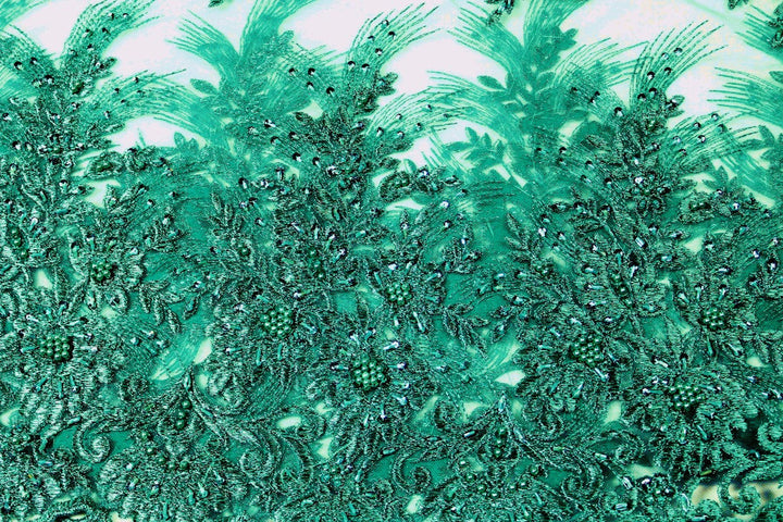 TURKIS TYL STOF MED PAILLETTER OG PERLER
