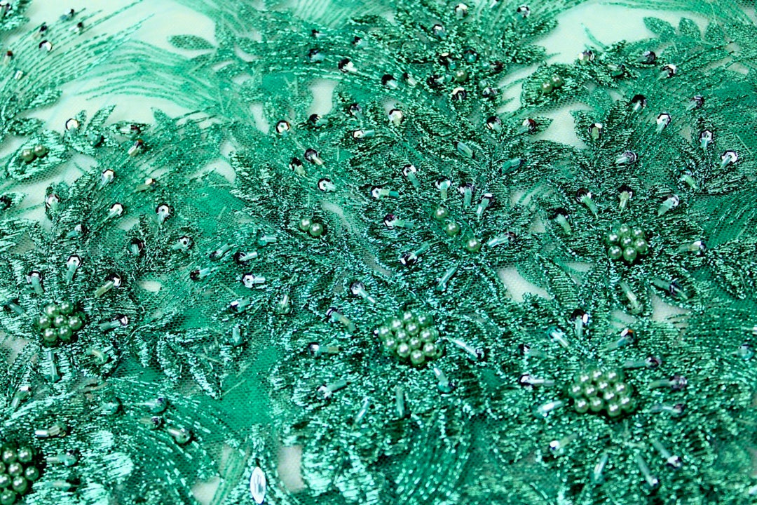 TURKIS TYL STOF MED PAILLETTER OG PERLER