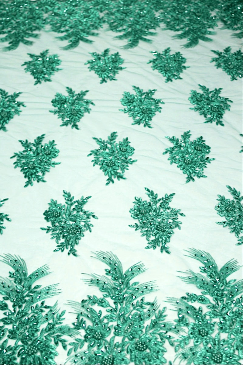 TURKIS TYL STOF MED PAILLETTER OG PERLER