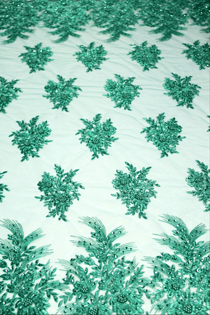 TURKIS TYL STOF MED PAILLETTER OG PERLER