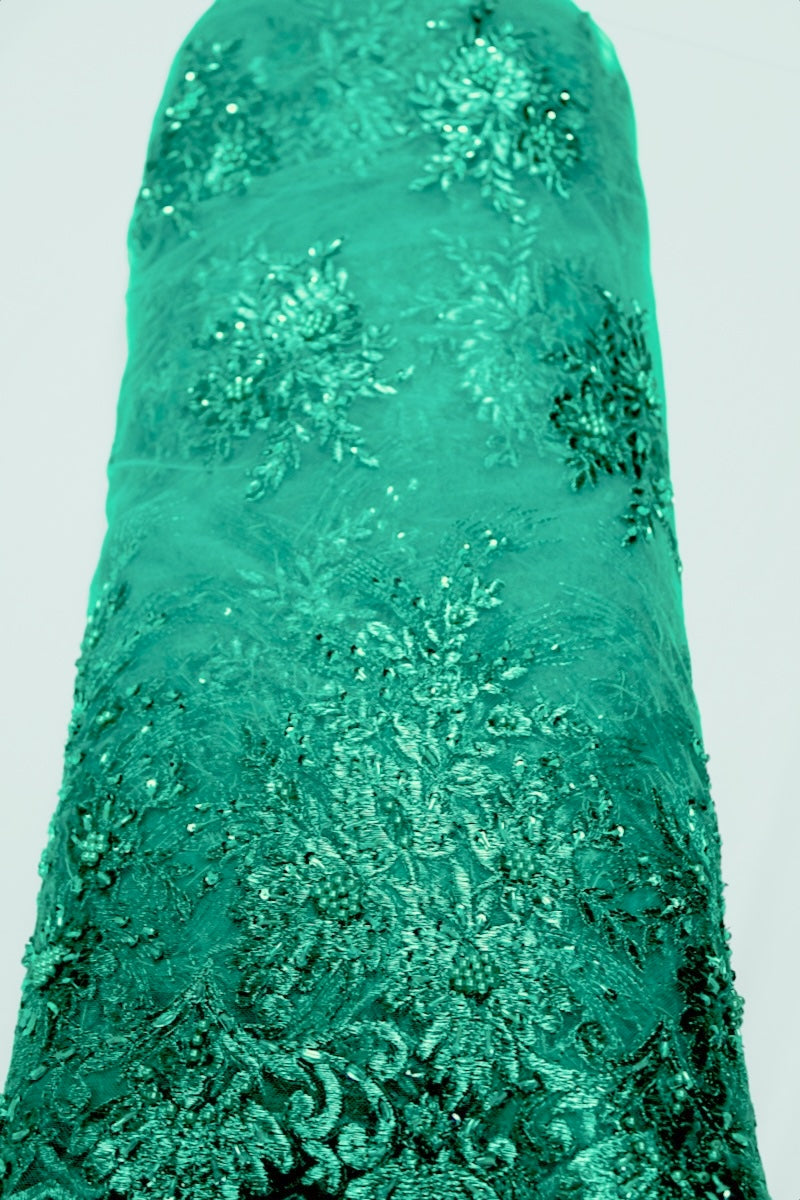 TURKIS TYL STOF MED PAILLETTER OG PERLER