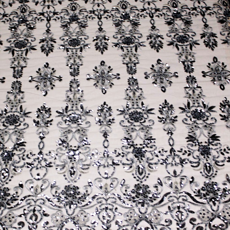 SØLV TYL STOF MED PAILLETTER OG PERLER