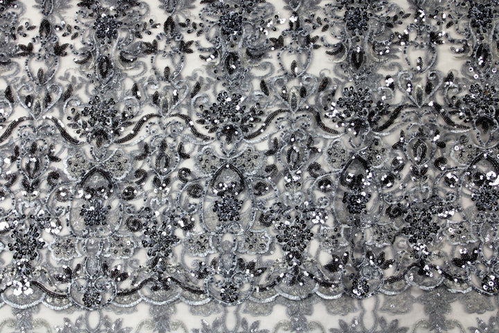 SØLV TYL STOF MED PAILLETTER OG PERLER