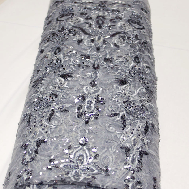 SØLV TYL STOF MED PAILLETTER OG PERLER