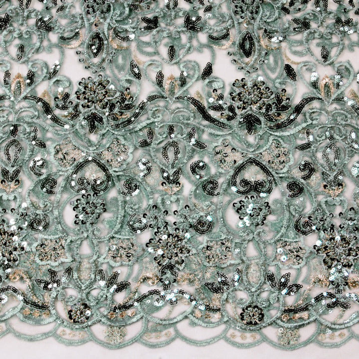 VINTAGE GRØNT TYL STOF MED PAILLETTER OG PERLER