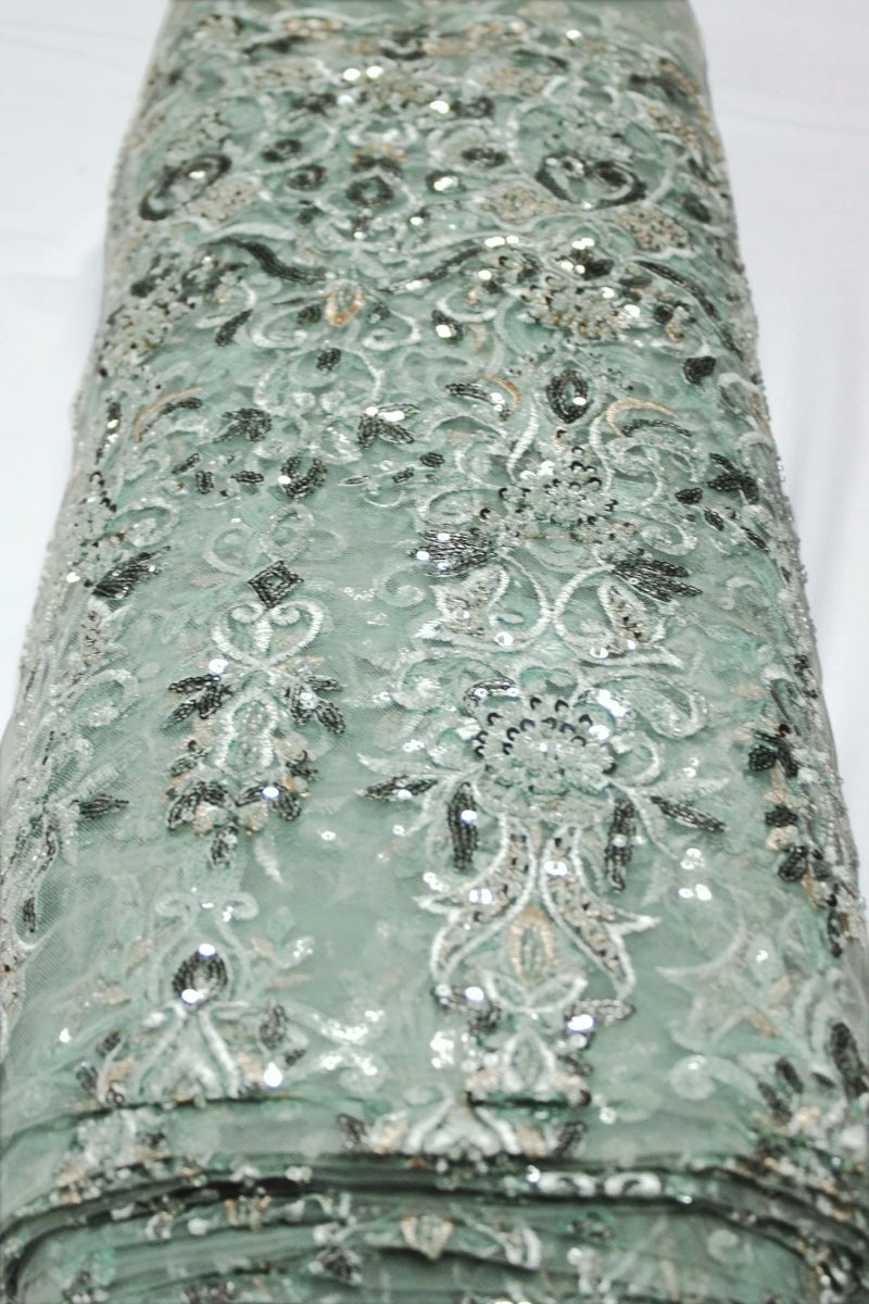 VINTAGE GRØNT TYL STOF MED PAILLETTER OG PERLER