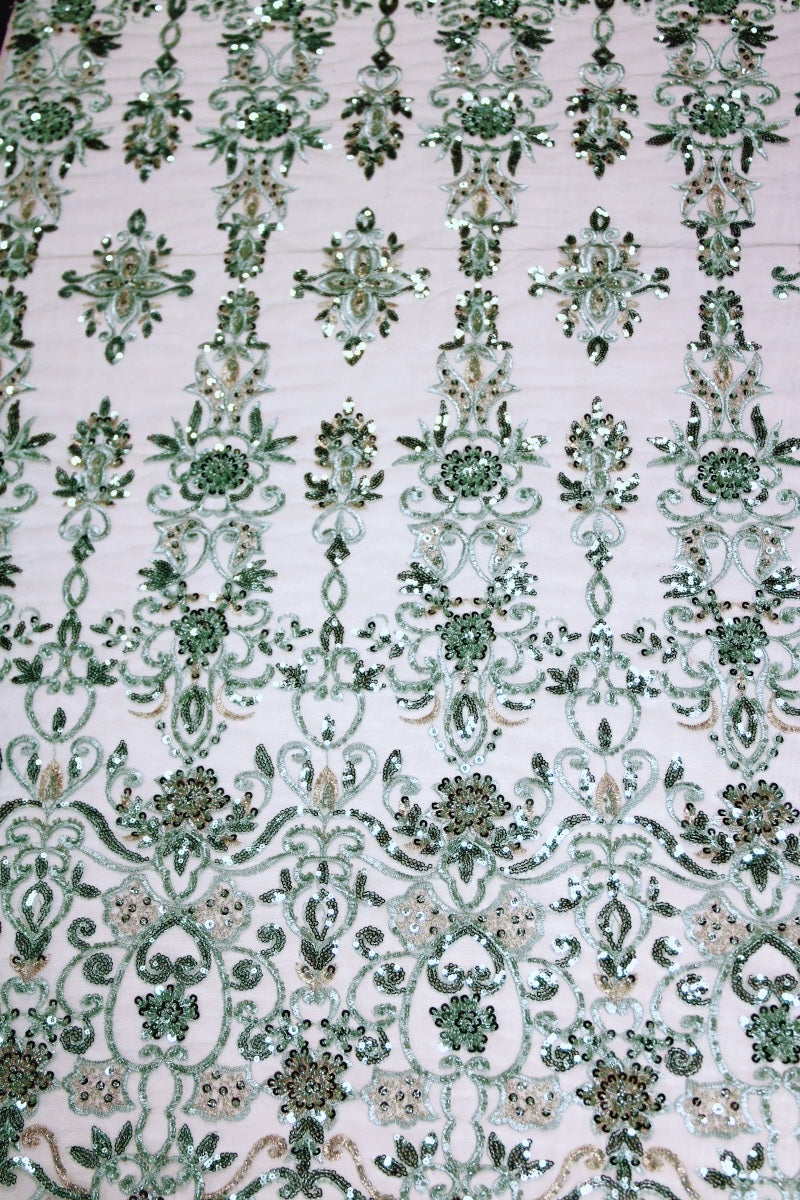 VINTAGE GRØNT TYL STOF MED PAILLETTER OG PERLER