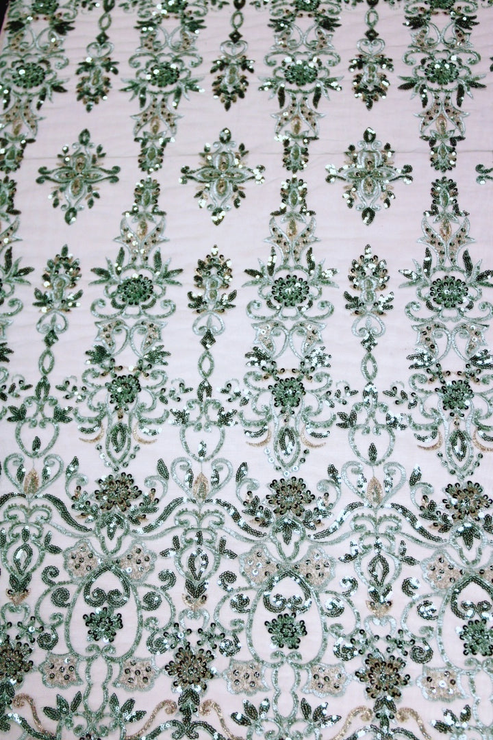 VINTAGE GRØNT TYL STOF MED PAILLETTER OG PERLER