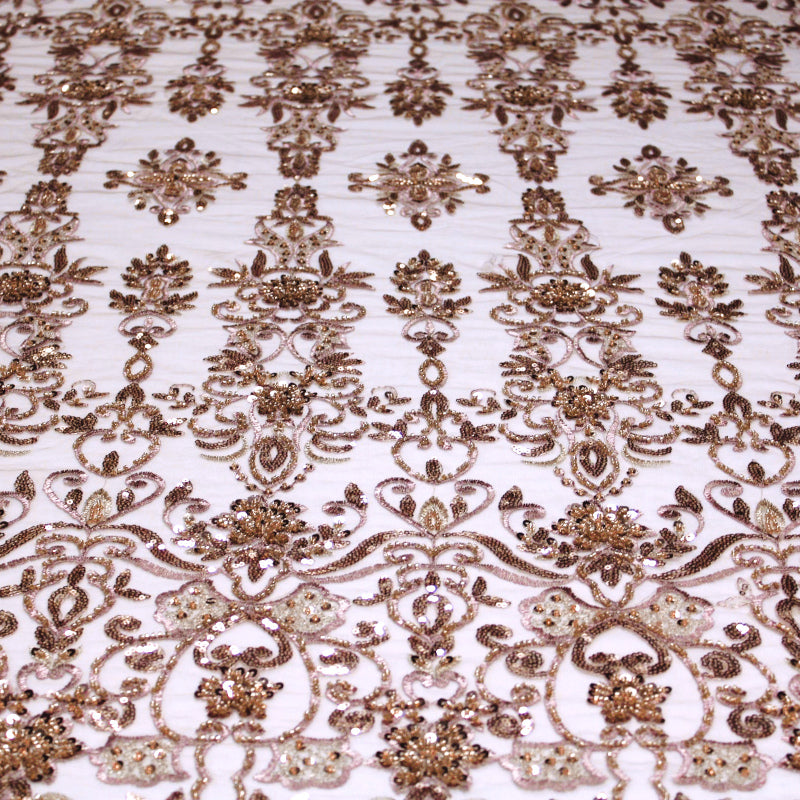 MØRK VINTAGE LYSERØDT TYL STOF MED PAILLETTER OG PERLER