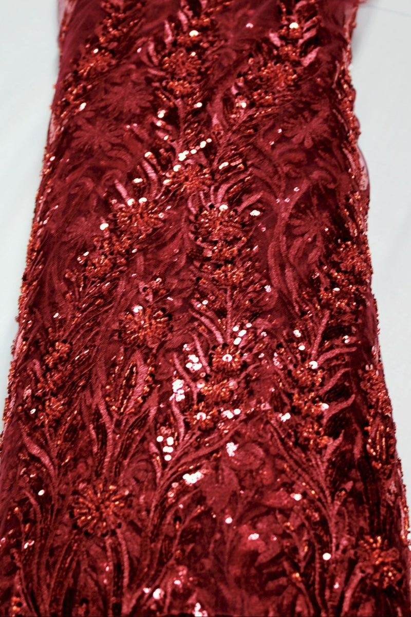 BORDEAUX TYL STOF MED PAILLETTER OG PERLER