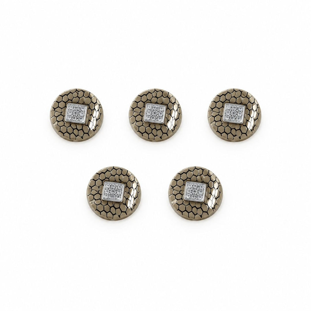 Beige/taupe knapper med sort mønster og sølv glimmer – 5 stk.