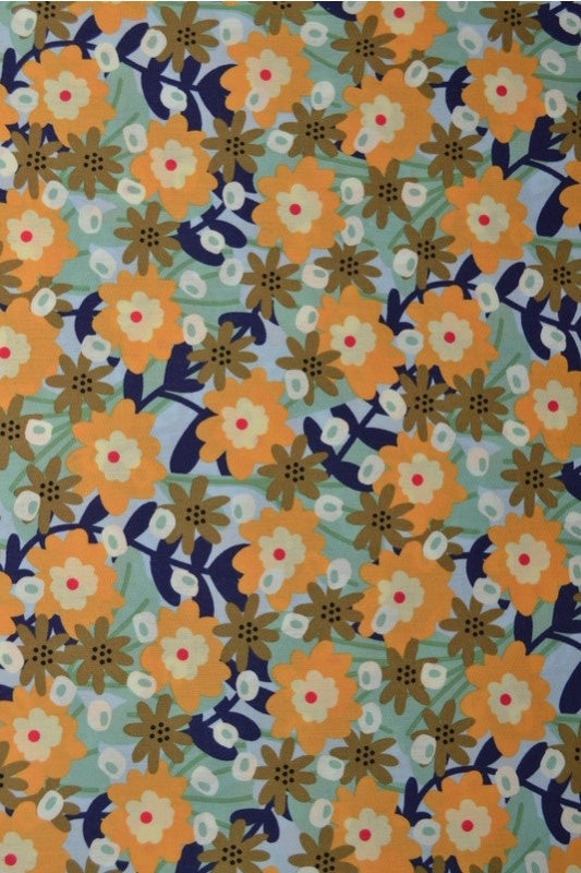 LYSEBLÅ BOMULDSPOPLIN MED STORE RETRO BLOMSTER – ORANGE & MARINEBLÅ