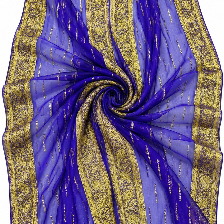 Blåviolet lurex chiffonsilk med gyldne striber og guldborter – stoffet formet som en spiral (billede 1 af 3)