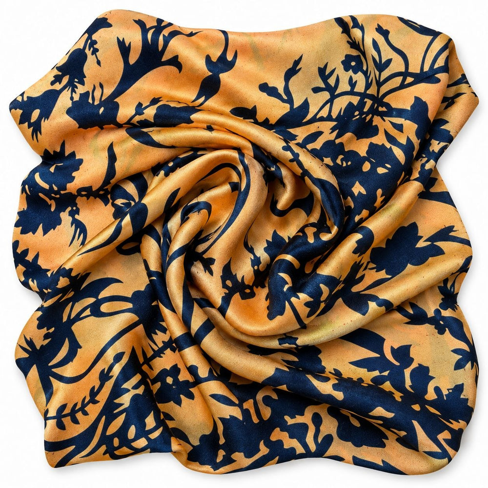 Orange og guld silke med mørkeblåt blomsterprint – draperet med blank glans (billede 2 af 3)