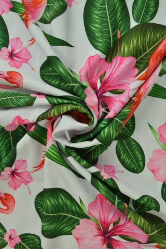 Garn & Metervarer WT Lycra print LYCRA MED FLAMINGO OG LYSERØDE BLOMSTER