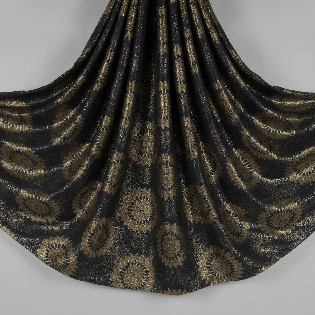 MØRKEBLÅ SATIN JACQUARD STOF MED GULD BLOMSTER (billede 2 af 3)