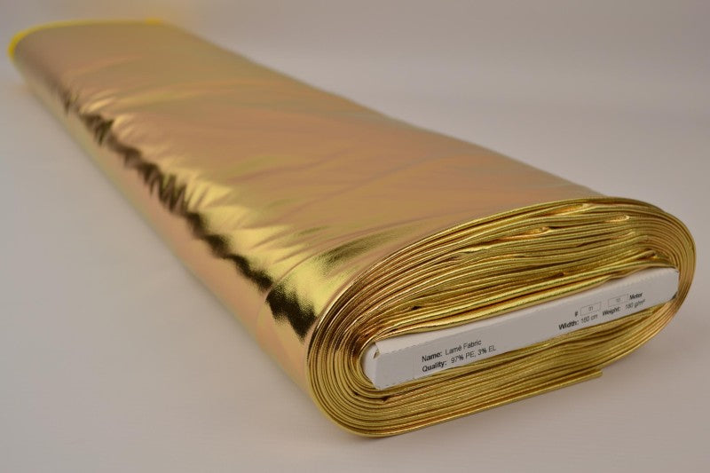 GULDFARVET LAMÉ STOF MED STRÆK – METALLIC GLIMMERSTOF