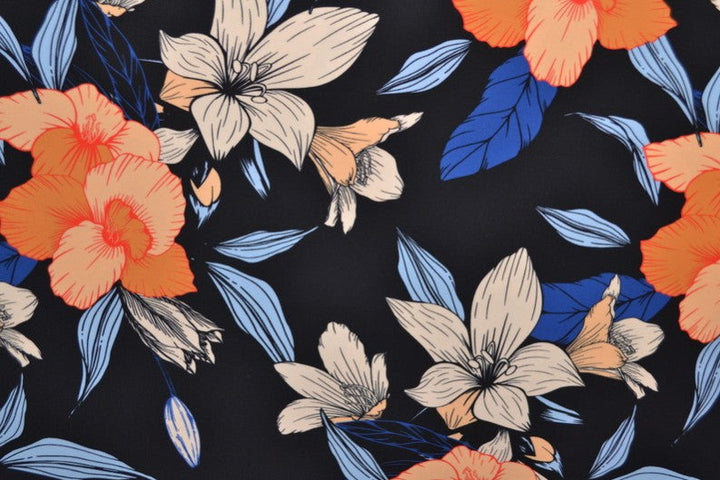 SORT LYCRA – TROPISK BLOMSTERPRINT, 4-VEJS STRÆK & HURTIGTØRRENDE