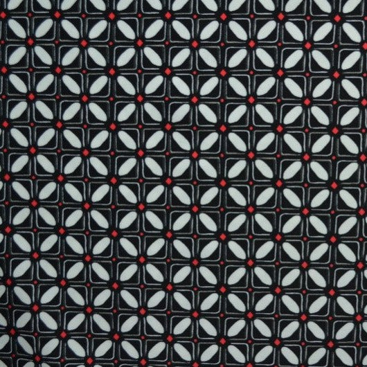 SORT/RØD LYCRA – GEOMETRISK FLISEMØNSTER, 4-VEJS STRÆK & HURTIGTØRRENDE