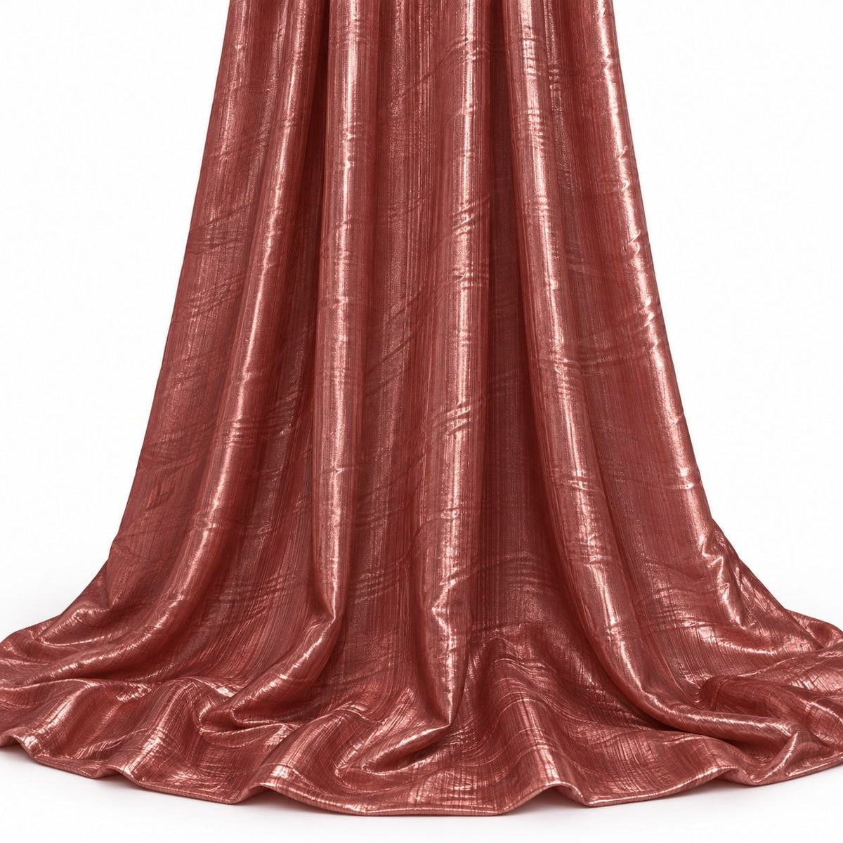 Metallic antik rosa foil stof — hængende og draperet, folien fanger lyset