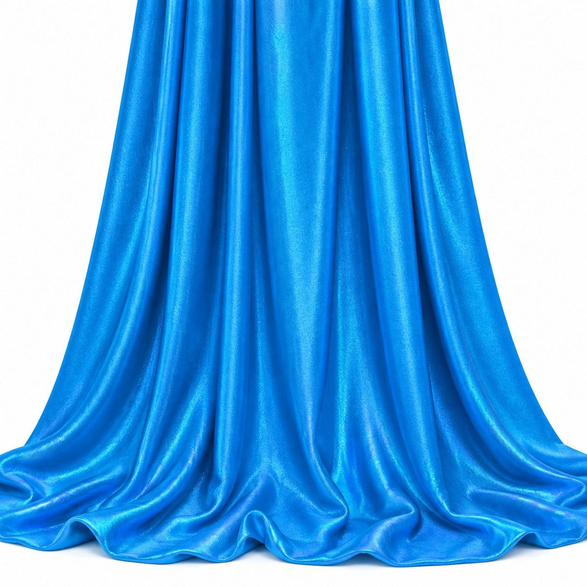Metallic azure blå foil stof — hængende og draperet, folien fanger lyset