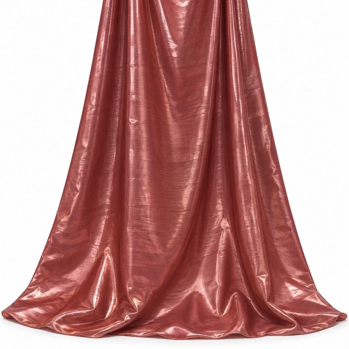 Metallic kobber foil stof — hængende og draperet, folien fanger lyset