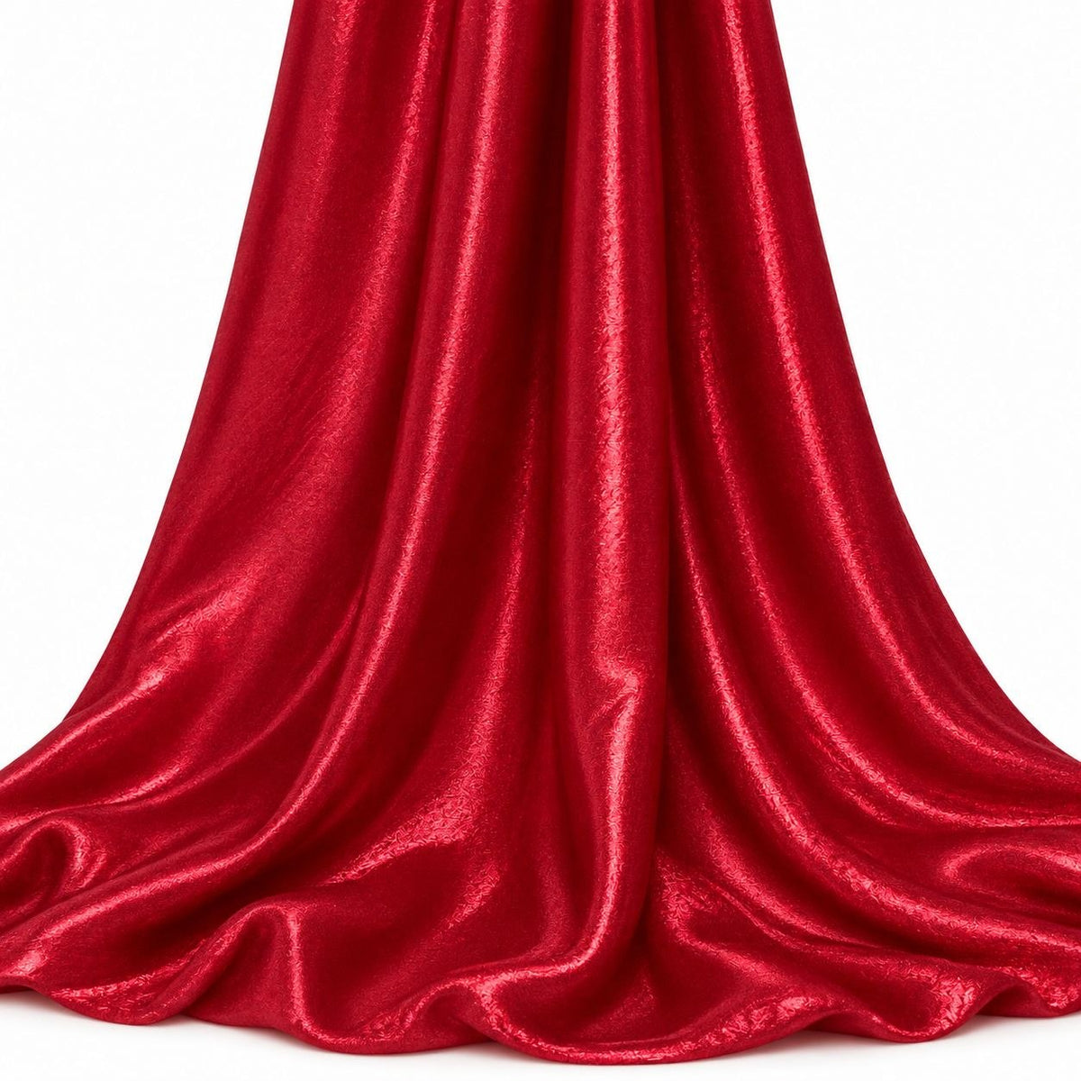Metallic rød foil stof — hængende og draperet, folien fanger lyset