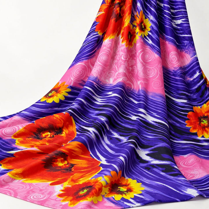 MØNSTRET POLYESTERSTOF – LILLA/PINK/ORANGE (billede 2 af 3)