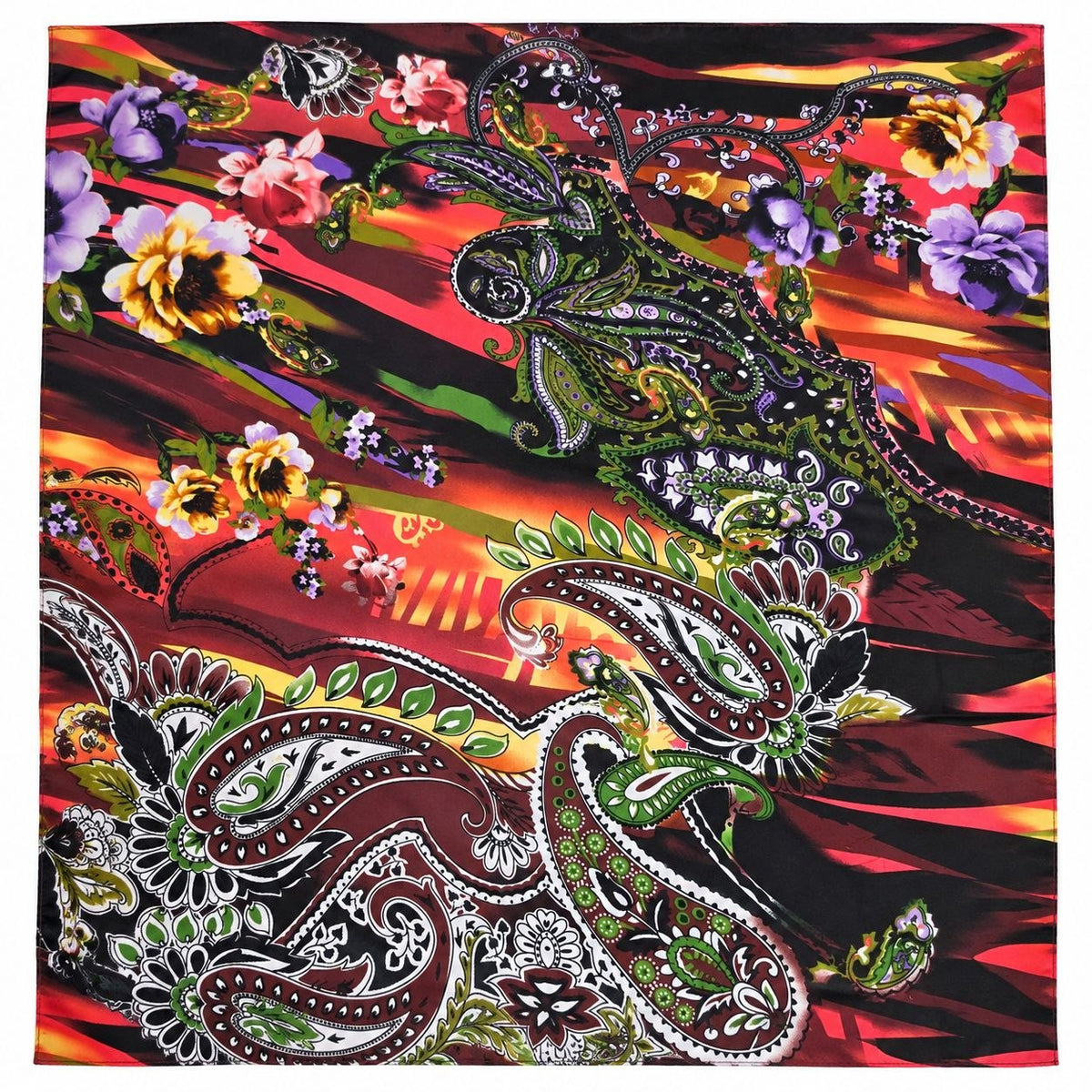 PAISLEY POLYESTERSTOF – BORDEAUX/ORANGE/GRØN MULTI (billede 1 af 3)