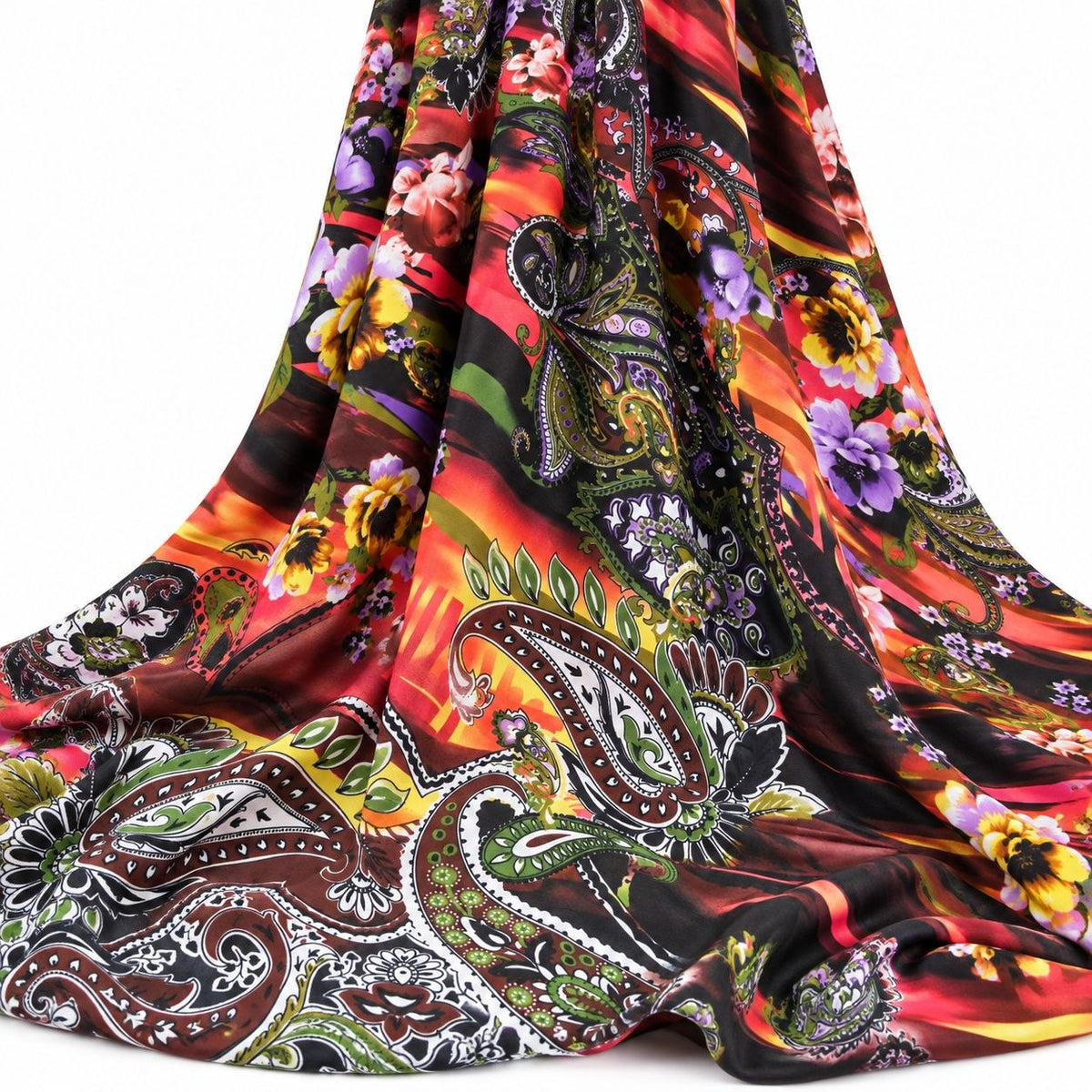 PAISLEY POLYESTERSTOF – BORDEAUX/ORANGE/GRØN MULTI (billede 2 af 3)