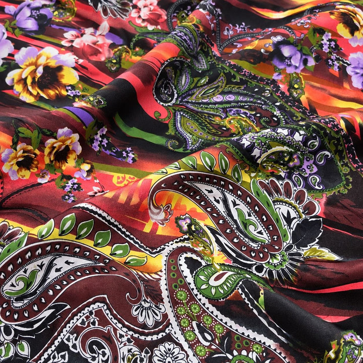 PAISLEY POLYESTERSTOF – BORDEAUX/ORANGE/GRØN MULTI (billede 3 af 3)