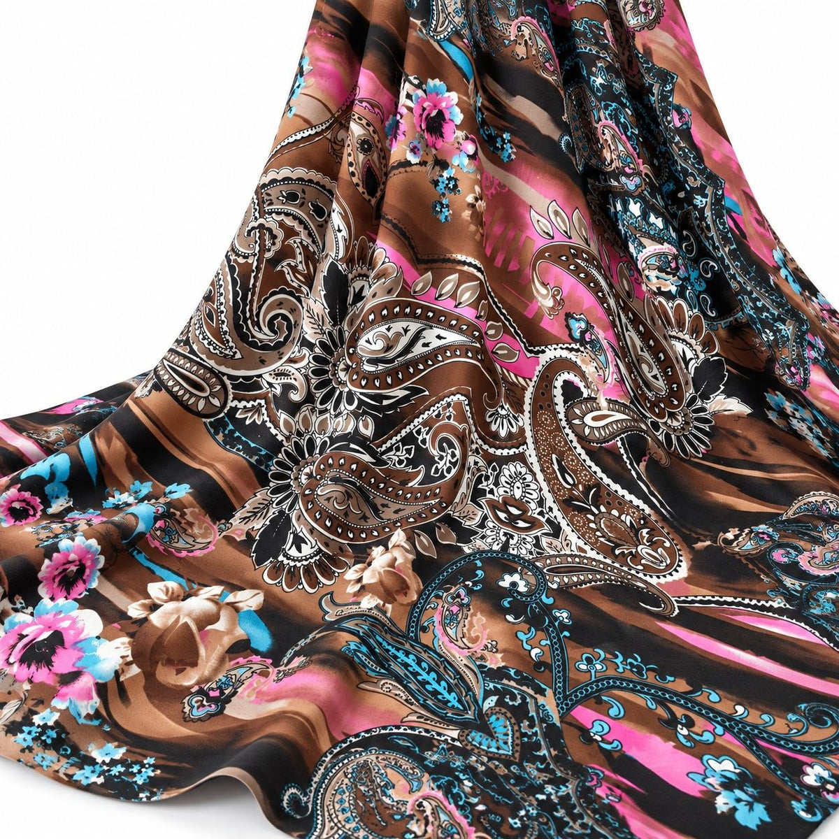PAISLEY POLYESTERSTOF – BRUN/PINK/TURKIS MULTI (billede 3 af 3)