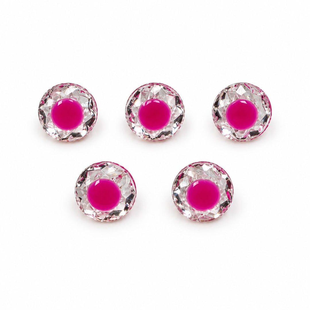 Pink/fuchsia knapper med klar krystal – 5 stk.