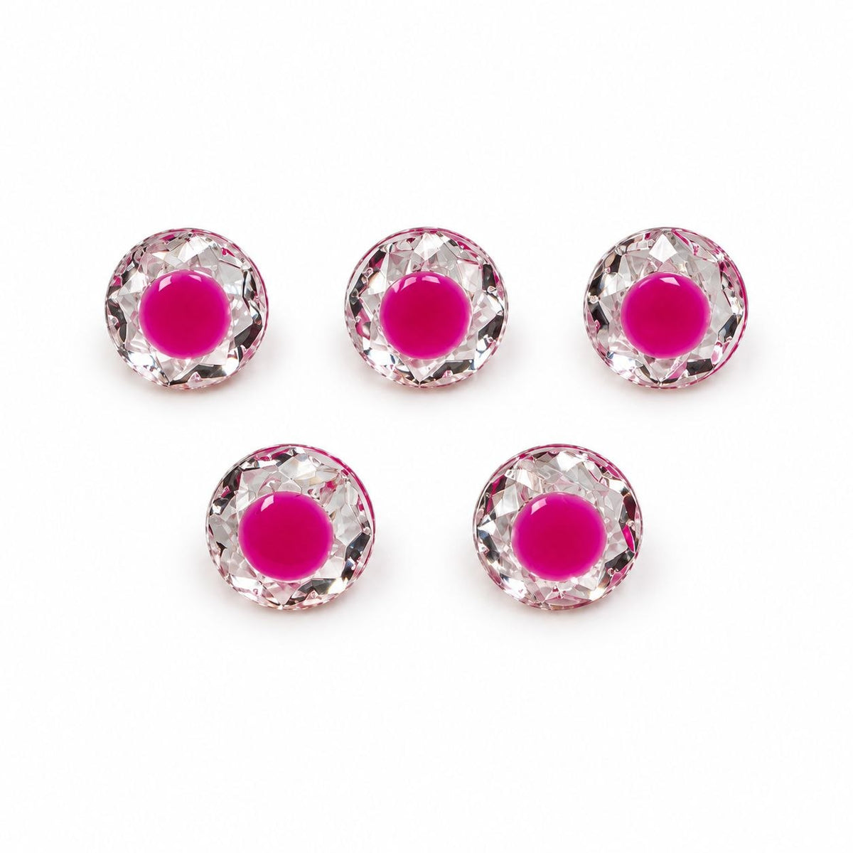 Pink/fuchsia knapper med klar krystal – 5 stk.