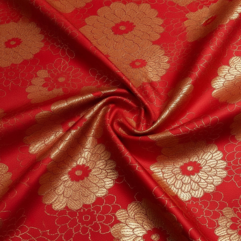 RØD SATIN JACQUARD STOF MED MORGENFRUER (billede 2 af 3)