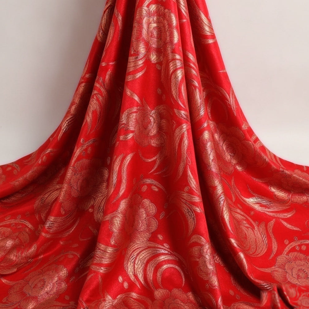 RØD SATIN JACQUARD STOF MED BLOMSTER (billede 2 af 3)