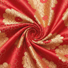 RØD SATIN JACQUARD STOF MED MORGENFRUER