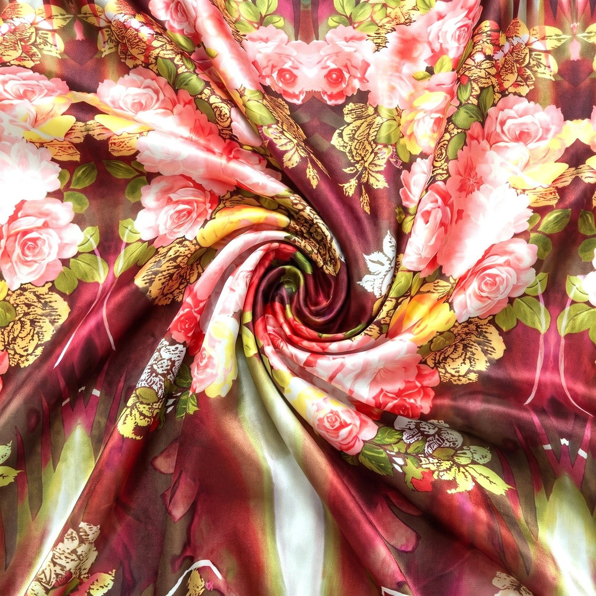RØD SILKE M. ROSER – stoffet samlet i en blød swirl, med printet synligt (billede 1 af 3)