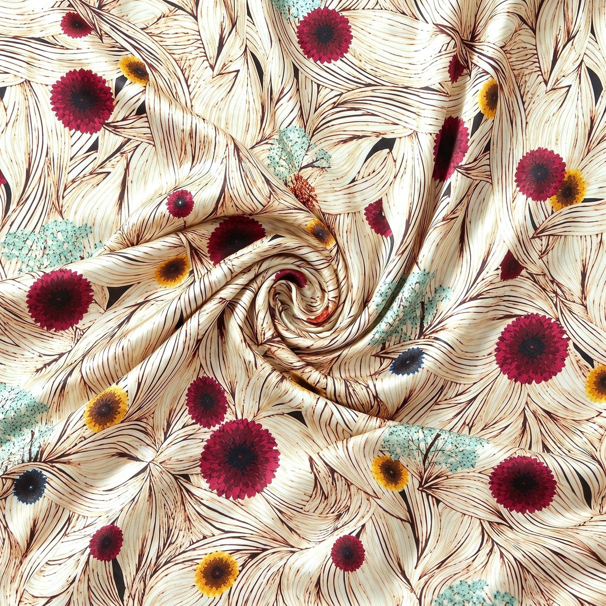SILKE MED BOTANISK MØNSTER - EFTERÅR – stoffet samlet i en blød swirl, med printet synligt (billede 1 af 3)