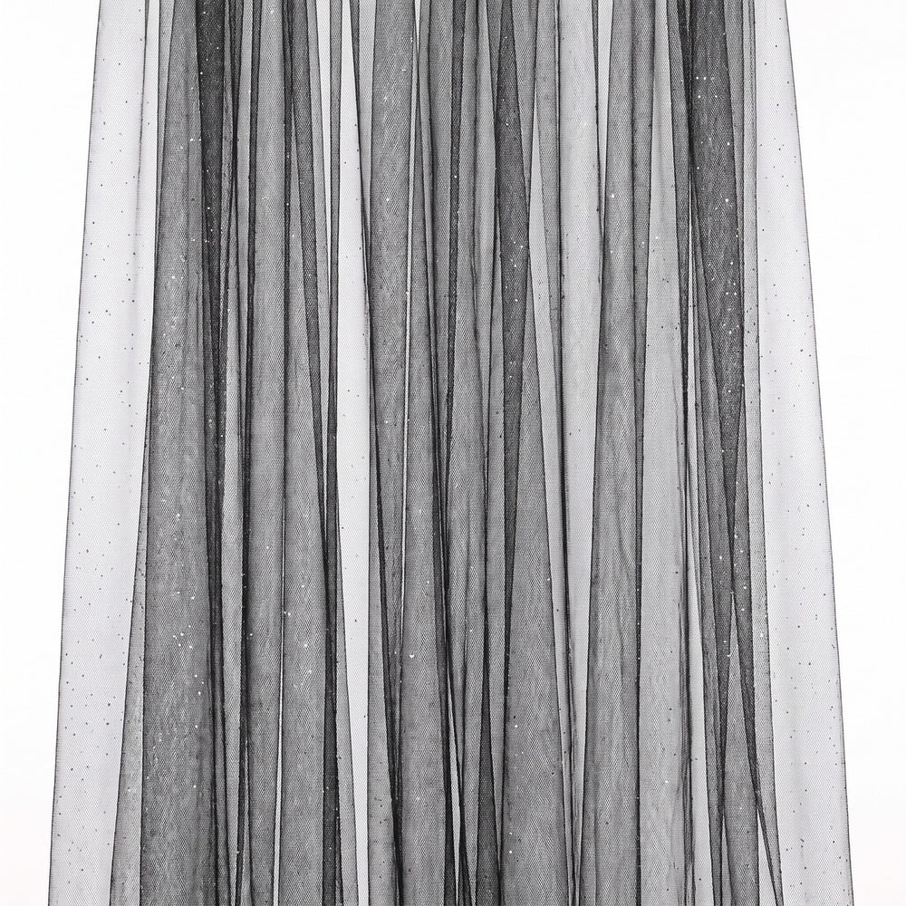 Sort glitter tyl med metallic — stoffet hængende og draperet, glitter fanger lyset