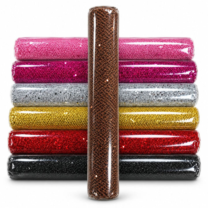 Tyl med små pailletter – glitrende bordløber 36 cm x 4,5 m – brun
