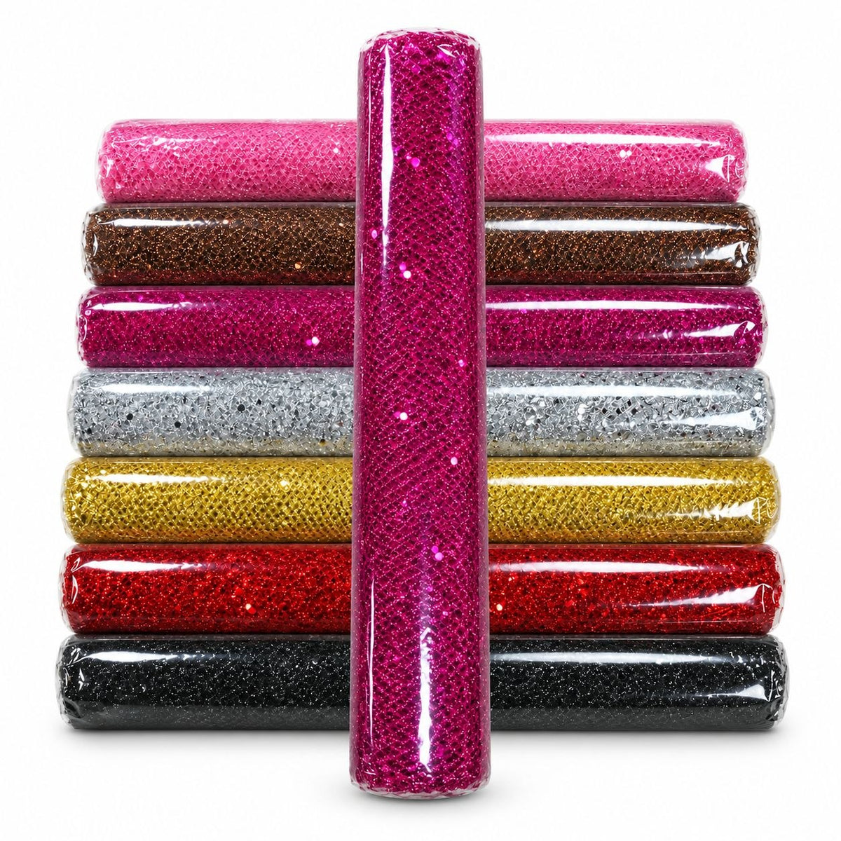 Tyl med små pailletter – glitrende bordløber 36 cm x 4,5 m – fuchsia