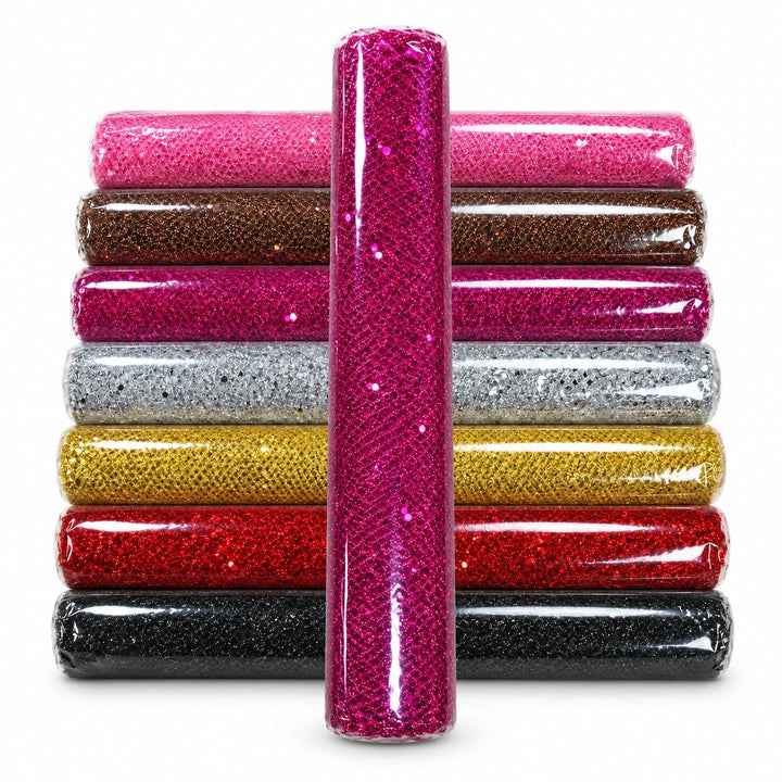 Tyl med små pailletter – glitrende bordløber 36 cm x 4,5 m – fuchsia